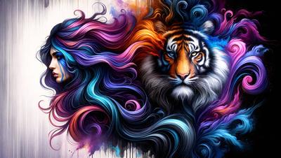 The primary subject of the image is a tiger, which is the main focus of the scene. The tiger is depicted in a colorful and vibrant manner, with its fur painted in various shades of blue, purple, and orange. The setting is a painting or drawing, showcasing the tiger's features and the artist's creativity. The visual style is artistic, with the tiger's fur and the surrounding colors creating a dynamic and engaging atmosphere. The colors and mood of
